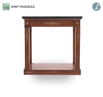 null Wall console in natural wood and mahogany veneer, opening with a drawer in the...