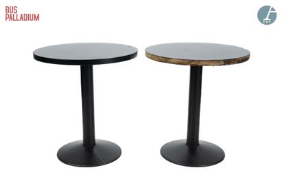 null From the Palladium Bus

Two round tables, black plywood top, cast iron base...