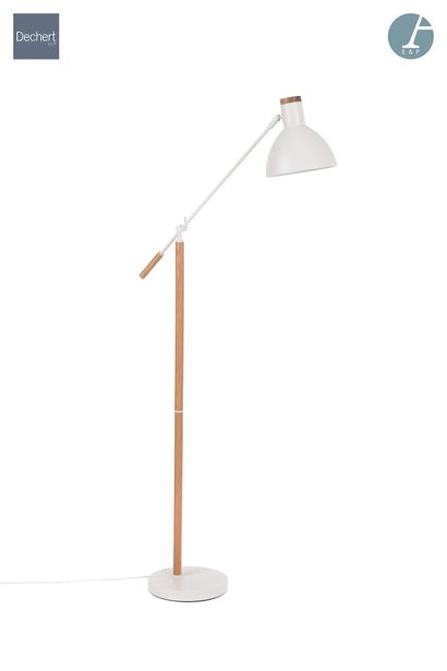 null Articulated floor lamp, natural wood and white lacquered metal base. 

Brand...