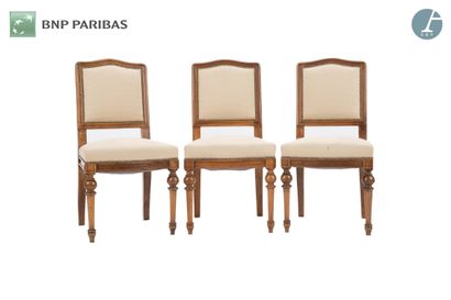 null Set of three molded and carved natural wood chairs, gendarme hat back, beige...