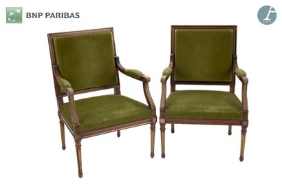 null Pair of armchairs in molded and carved natural wood, armrests with cuffs, tapered...