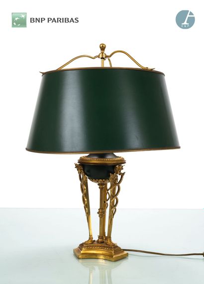 null Desk lamp, the gilded and chased bronze shaft in the form of a covered pot supported...