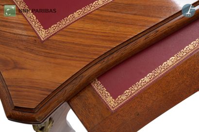 null Rosewood flat desk opening to three drawers in the belt, with two sliding shelves,...