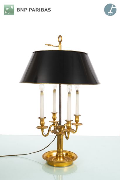 null Lamp bouillote in gilt bronze, with four arms and lampshade in painted sheet...