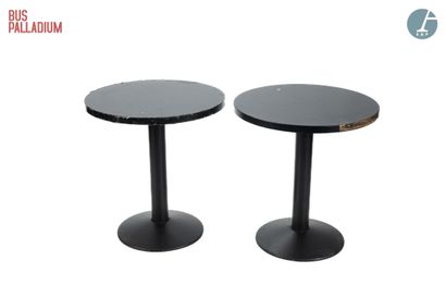 null From the Palladium Bus

Two round tables, black plywood top, cast iron base...