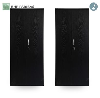 null Set of two high cabinets in chipboard and black lacquered ash veneer, with two...