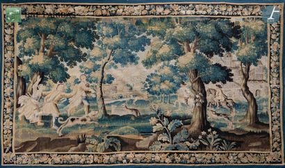 null Aubusson - 18th century 
Tapestry in wool and silk diminished in the top and...