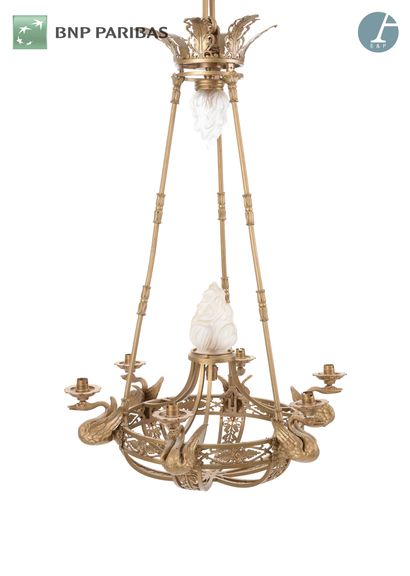 null Chandelier in chased and gilded bronze, with six arms of lights, decorated with...
