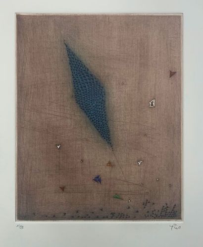 Artur Luis PIZA (1928-2017) "Losange Bleu",
 Gravure à la gouge en couleurs,
 Signée...