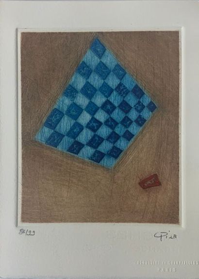 Artur Luis PIZA (1928-2017) " Damier Bleu",
 Gravure à la gouge en couleurs,
 Signée...
