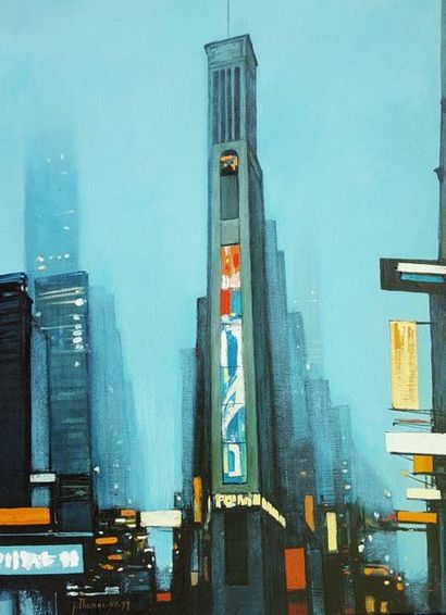 Jean THOMAS (1923-2019) New York - Times Square sous la pluie - 19h: Angle Broadway...