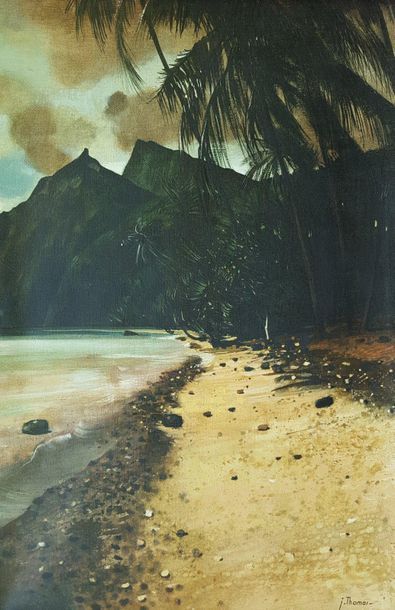 Jean THOMAS (1923-2019) Polynésie - Orage sur la plage des Tipaniers, huile sur toile,...