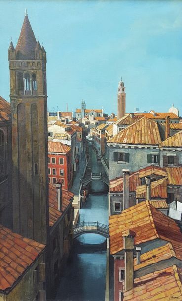 Jean THOMAS (1923-2019) Venise - Eglise & rio San Barnaba, huile sur toile, 130x81cm,...