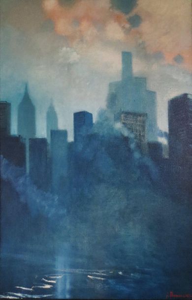 Jean THOMAS (1923-2019) New York - Mist on the Hudson River, oil on canvas, 92x60cm....