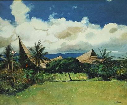 Jean THOMAS (1923-2019) Polynésie - Les toits du Tahara'a au drapeau tahitien, huile...
