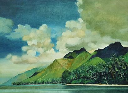 Jean THOMAS (1923-2019) Polynésie - Mooréa: La côte nord depuis Les Tipaniers, huile...