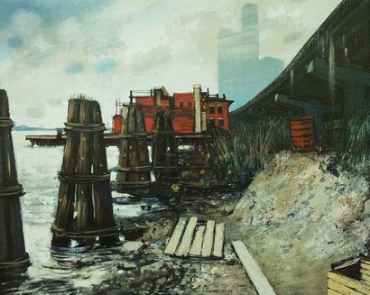 Jean THOMAS (1923-2019) New York - Fulton Fish Market from the shore, oil on canvas,...