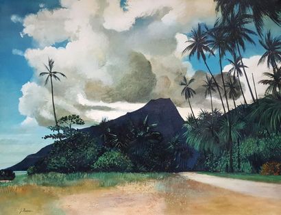 Jean THOMAS (1923-2019) Polynésie - Mooréa: Le mont Parata depuis la route nord en...