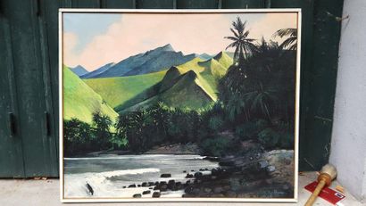 Jean THOMAS (1923-2019) Polynésie - Tahiti: La baie depuis la pointe d'Arohoho, huile...