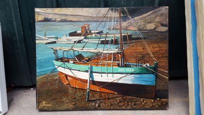 Jean THOMAS (1923-2019) Bretagne - Petit voilier à marée basse dans le port de Roscoff,...