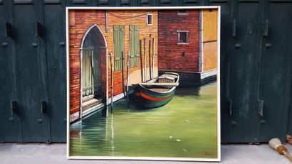 Jean THOMAS (1923-2019) Venice - The empty barge in the rio San Polo, oil on canvas,...