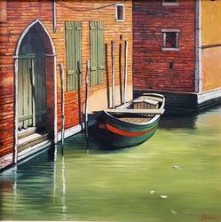 Jean THOMAS (1923-2019) Venice - The empty barge in the rio San Polo, oil on canvas,...