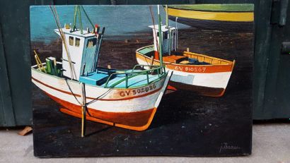 Jean THOMAS (1923-2019) Bretagne - Deux barques de pêche dans le port de Saint-Guénolé,...