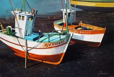 Jean THOMAS (1923-2019) Bretagne - Deux barques de pêche dans le port de Saint-Guénolé,...