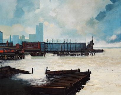 Jean THOMAS (1923-2019) New York - Quays of the Hudson, oil on canvas, 81x65cm. Titled...