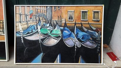 Jean THOMAS (1923-2019) Venice - Gondolas at rest in the Bacino Orceolo, oil on canvas,...