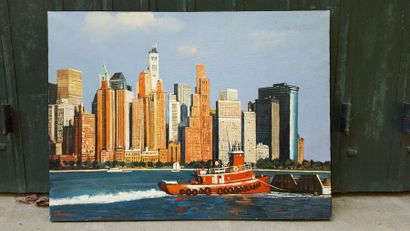 Jean THOMAS (1923-2019) New York - The Red Tugboat at the Battery, oil on canvas,...