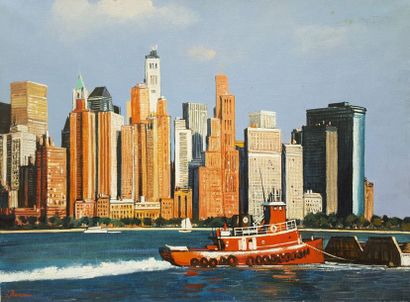 Jean THOMAS (1923-2019) New York - The Red Tugboat at the Battery, oil on canvas,...