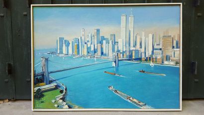 Jean THOMAS (1923-2019) New York - Morning of Joy on the East River, oil on canvas,...