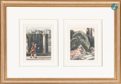 null 
Set of five framed pieces, reproductions after Jean-Baptiste Hilaire, Fragonard,...