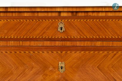 En provenance d'un prestigieux Palace parisien 
Natural wood and veneer chest of...