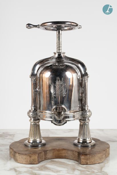  From a prestigious Parisian Palace A silver plated metal duck press, encrypted,...