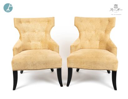 null VEGA, pair of armchairs, blackened wood sabre legs, ochre fabric upholstery,...