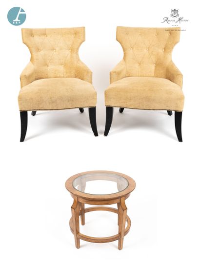 null VEGA, pair of armchairs, blackened wood sabre legs, ochre fabric upholstery,...