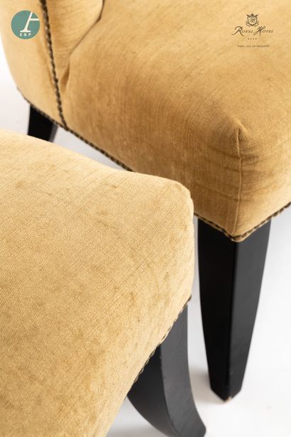 null VEGA, pair of armchairs, blackened wood sabre legs, ochre fabric upholstery,...