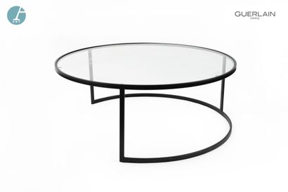 null Table basse circulaire piètement en aluminium laqué noir, dessus de verre. H...