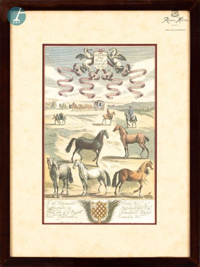 null Lot de cinq pièces encadrées sur le thème des chevaux, reproductions de gravures...
