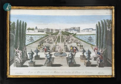 null 
Lot de quatre reproductions de vues d'optique " Châteaux et Jardins, Venise,...