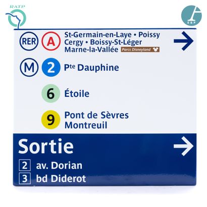 null Lot de 5 plaques signalétiques, fer émaillé, indiquant :

1) RER A Paris Boissy...