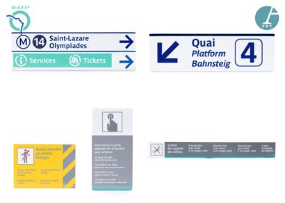 null Lot de 5 plaques signalétiques, fer émaillé, indiquant :

1) Métro 14 - Service...