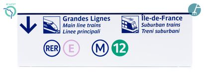  Lot de 4 plaques signalétiques, fer émaillé, indiquant : 
1) Grandes Lignes Ile-de-France...