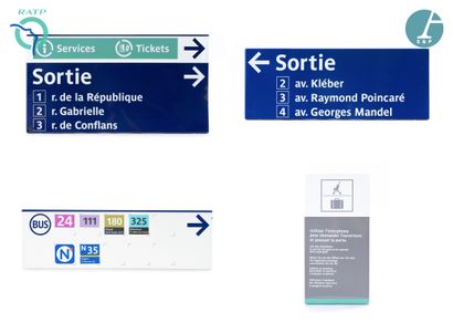  Lot de 4 plaques signalétiques, fer émaillé, indiquant : 
1) Sortie Rue de la République,...