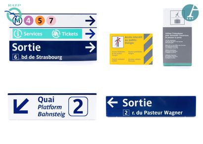 null Lot de 5 plaques signalétiques, fer émaillé, indiquant :

1) Sortie Rue du Pasteur...