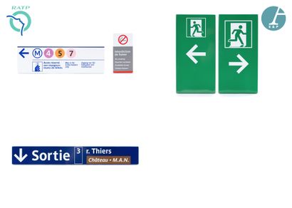 Set of 5 nameplates, enamelled iron, indicating : 
1) Metro 4 - 5 - 7 
2) Exit Rue...