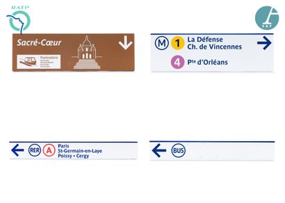  Lot de 4 plaques signalétiques, fer émaillé, indiquant : 
1) Métro 1 La Défense...