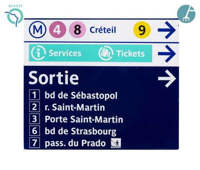 null Lot de 3 plaques signalétiques, fer émaillé, indiquant :

1) Métro 7 - 8, services...